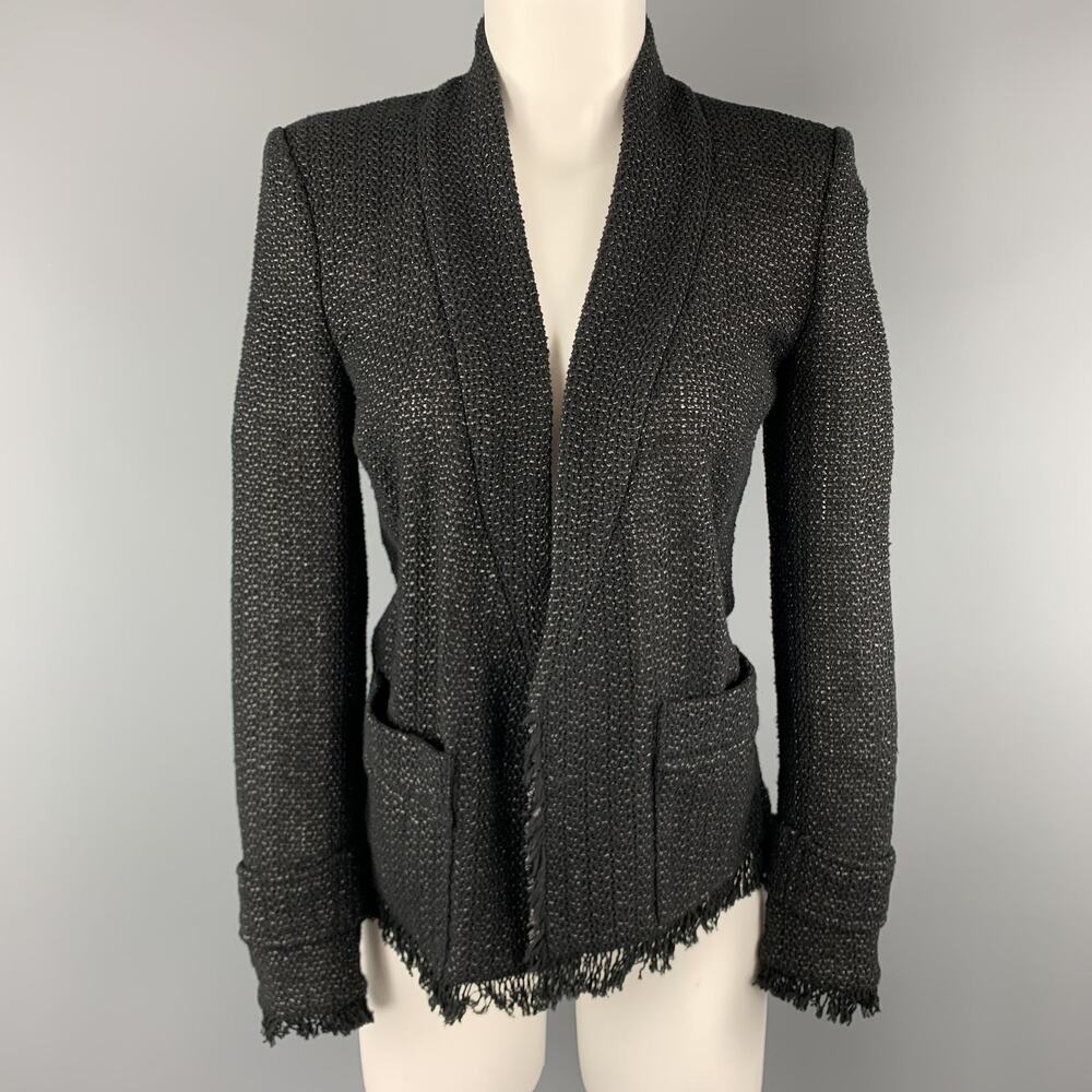 ISABEL MARANT Size 4 Black Tweed Open Front Fringe Jacket